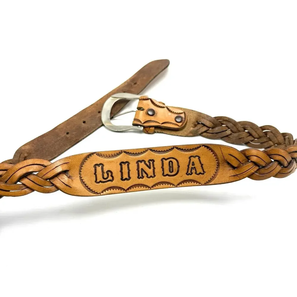 Linda Vintage Western Name Belt 34 Hand Tooled Braided Brown Leather Cowgirl
